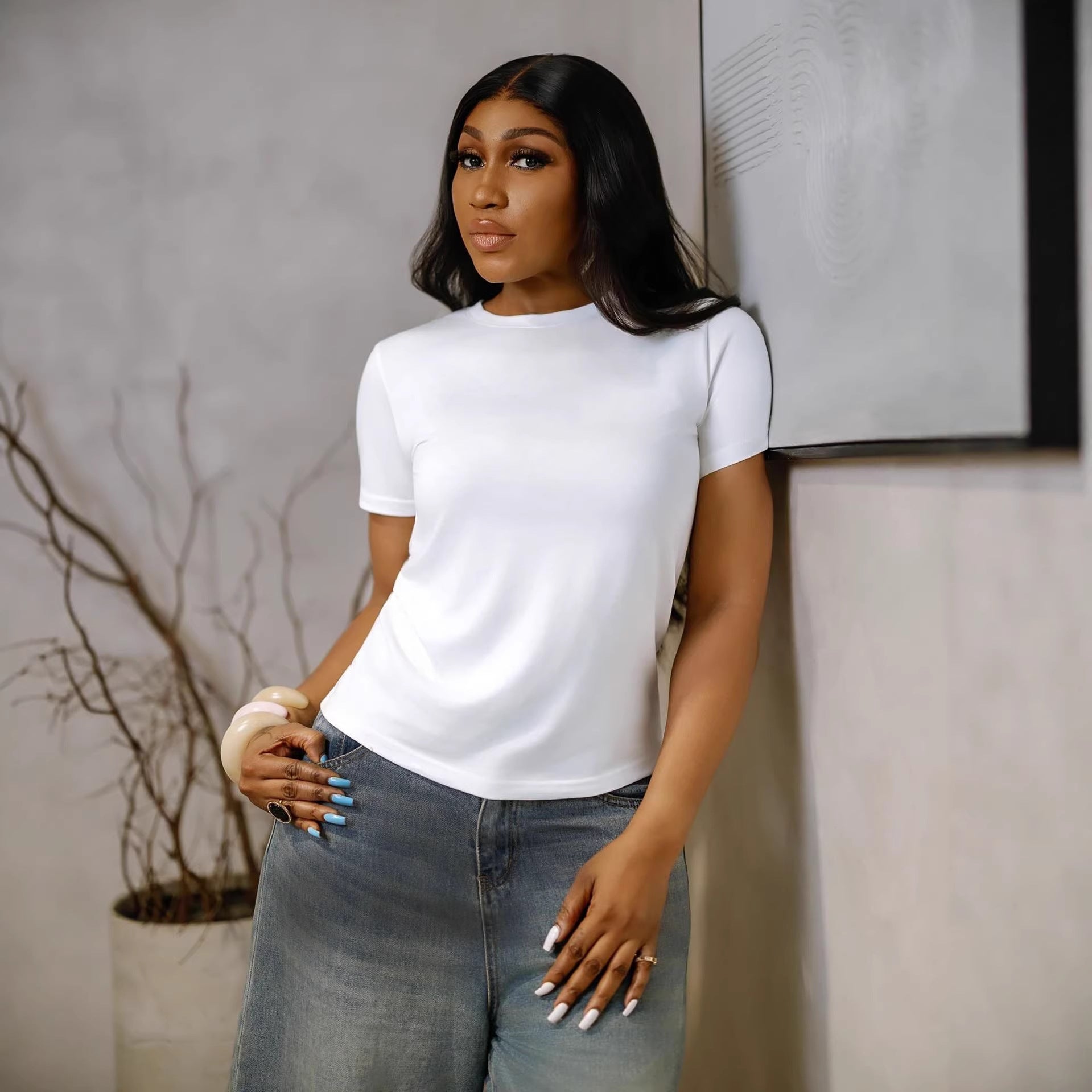 Casual Minimalist Wide-Leg Seven-Quarter Denim Pants