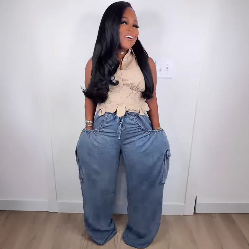 Jean droit taille élastique multi-poches femme casual