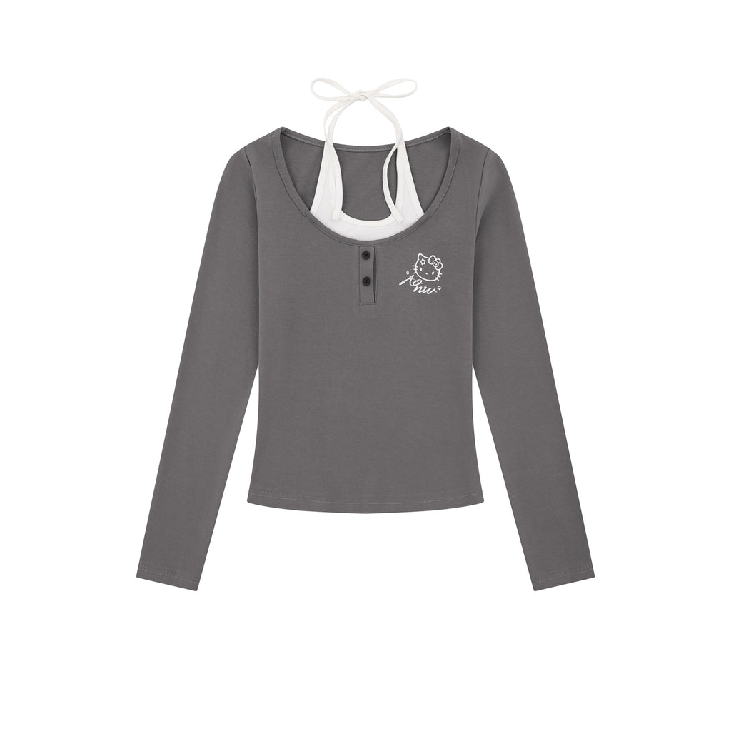 Top manches longues faux deux pièces nœud col femme