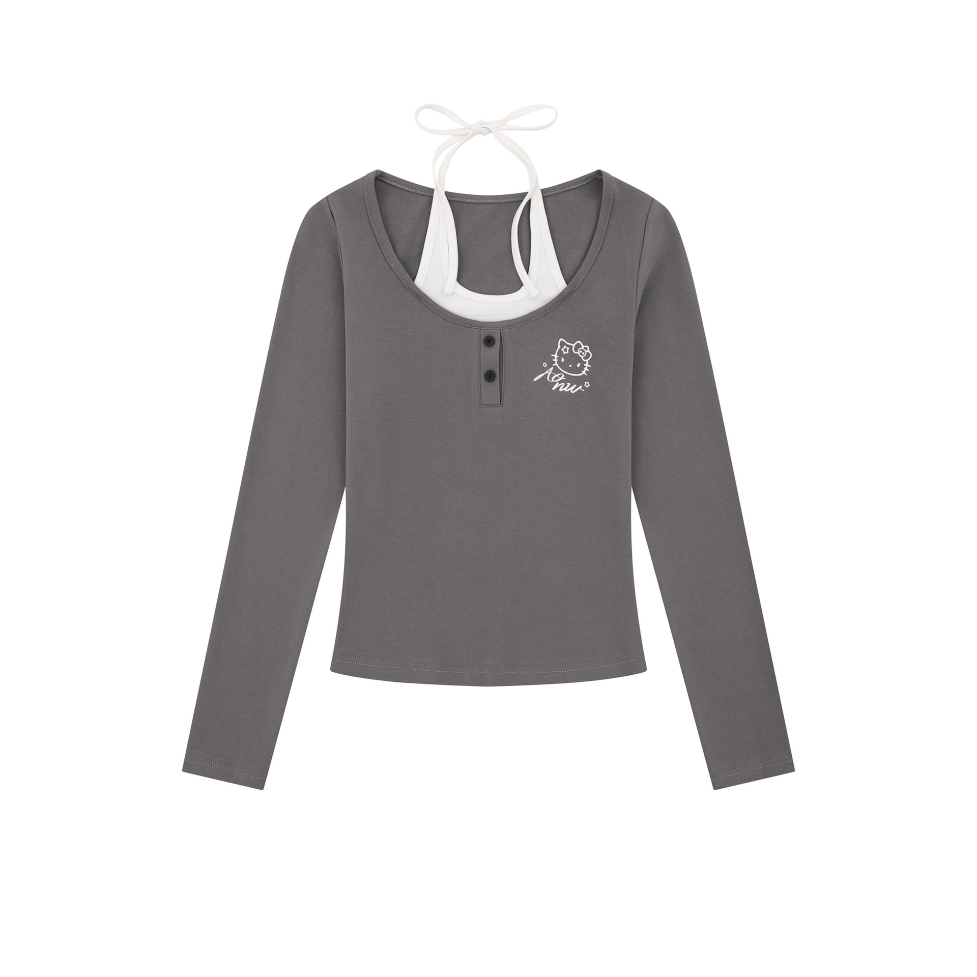 Top manches longues faux deux pièces nœud col femme