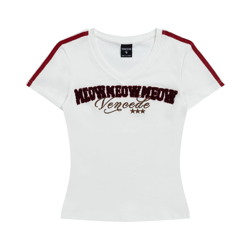 Towel Embroidery Letter V-Neck Short Sleeve T-Shirt for Women