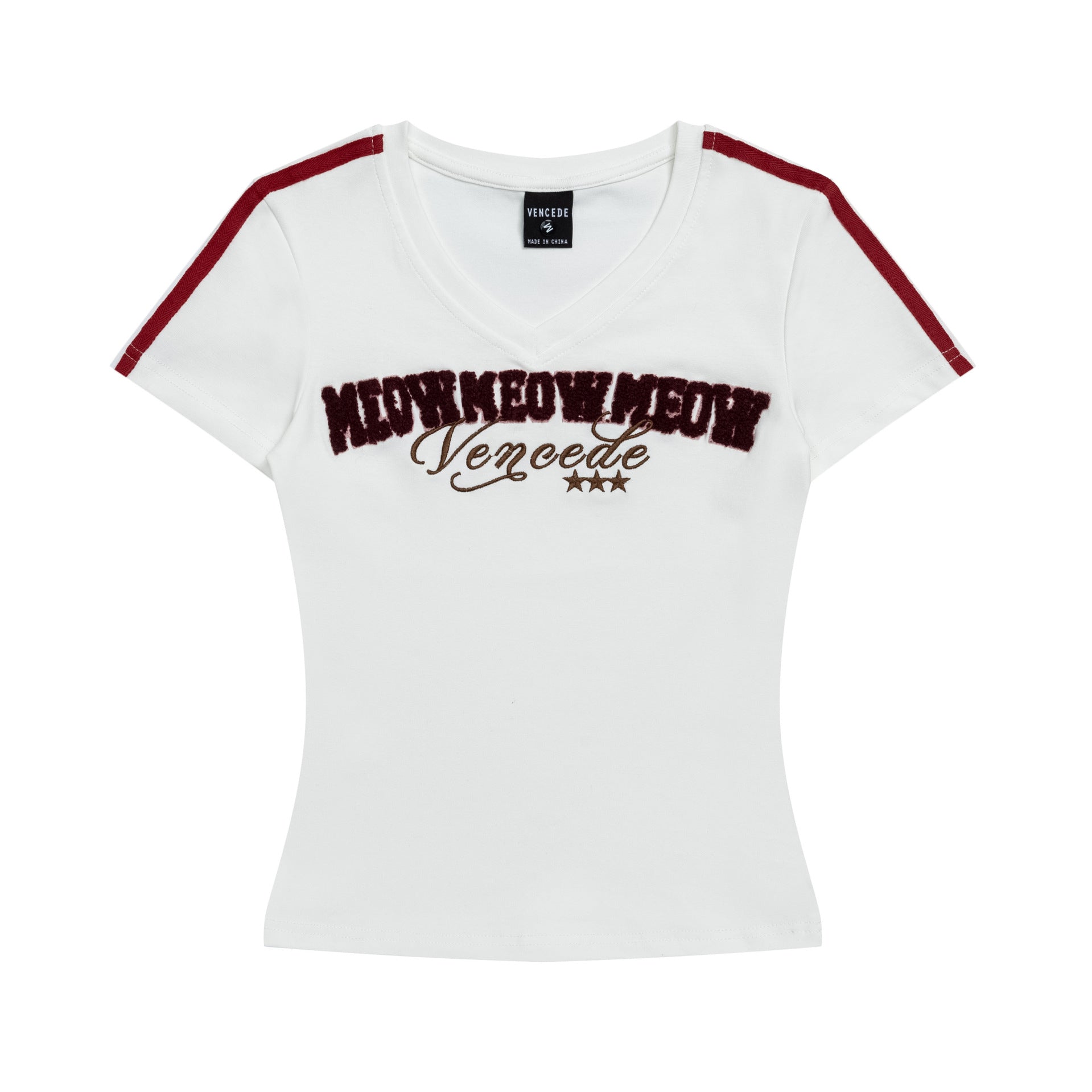 Towel Embroidery Letter V-Neck Short Sleeve T-Shirt for Women