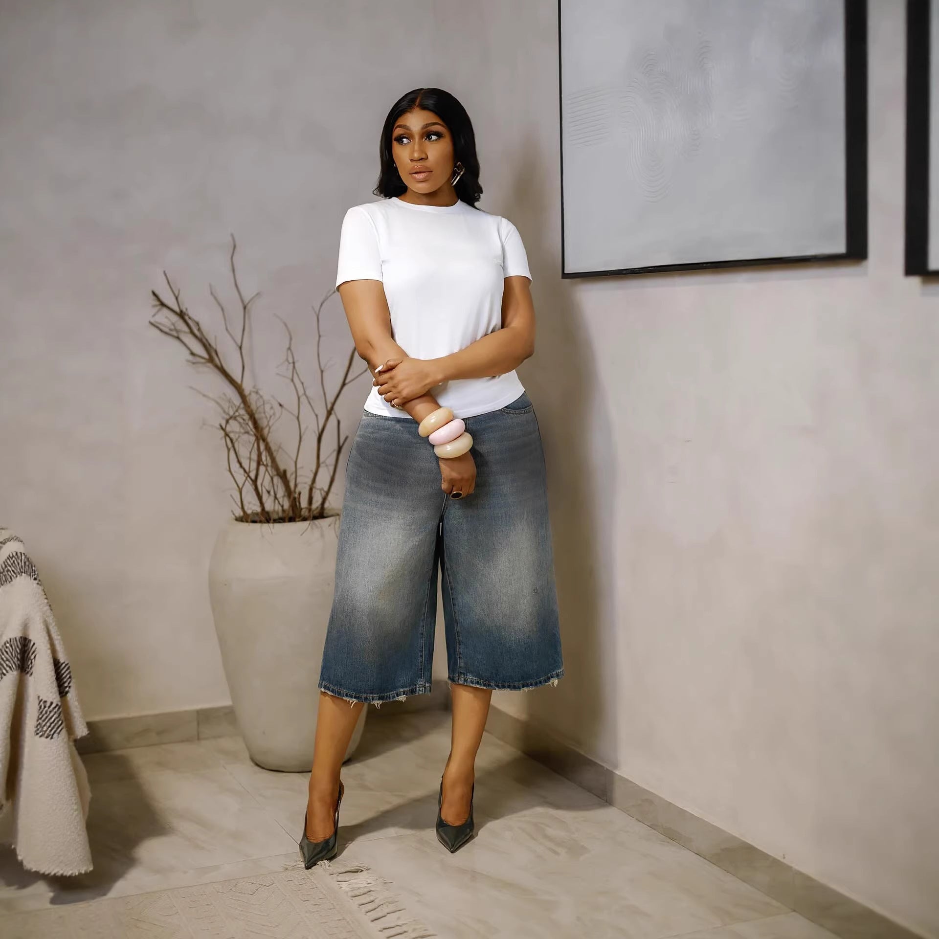 Casual Minimalist Wide-Leg Seven-Quarter Denim Pants