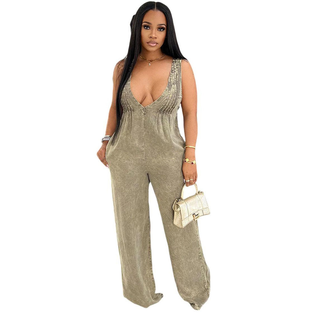 Women's Denim Jumpsuit - Solid Color Backless Sleeveless Loose Overall Dress