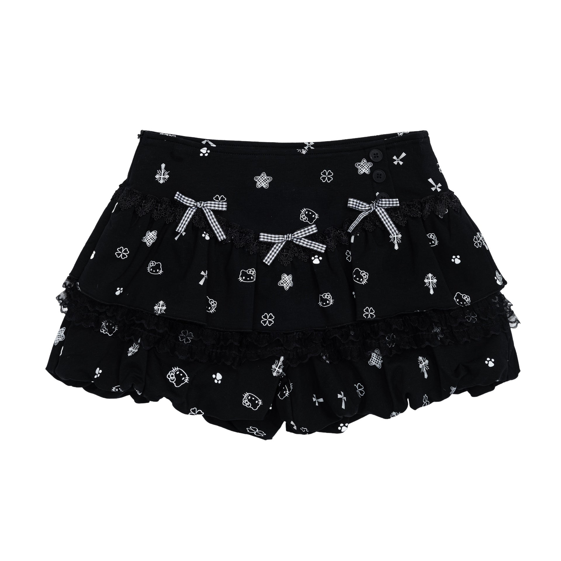 High Street Cartoon Print Lace Skirt Pants with Bow Decoration, Loose Slimming Sweet Girl Pants