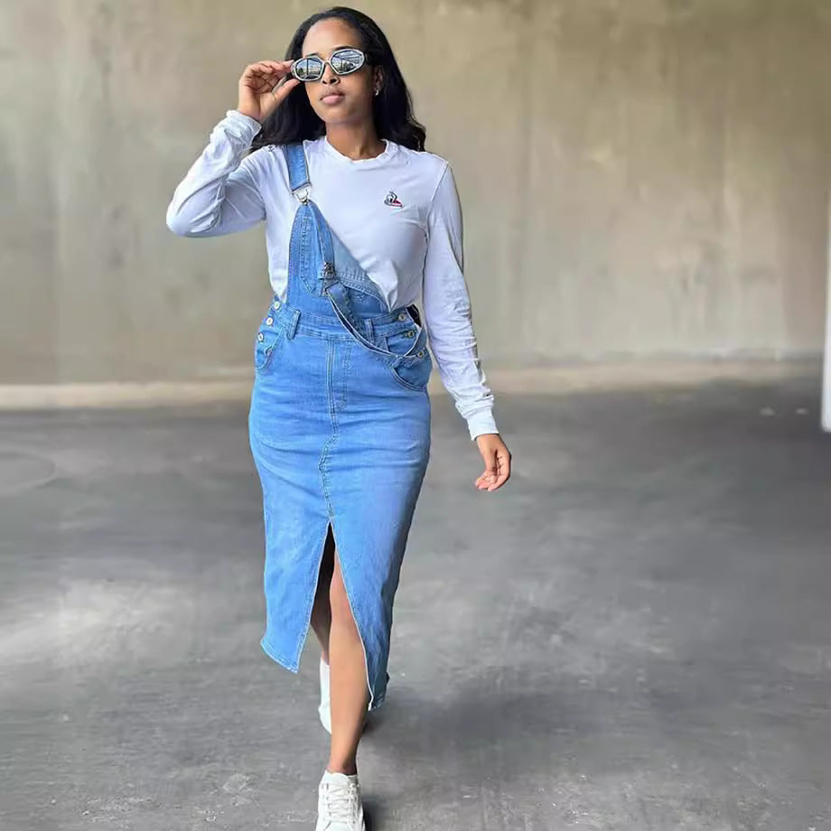 Women's Straight Leg Overalls Dress Street Fashion Large Pocket Slit Denim Skirt