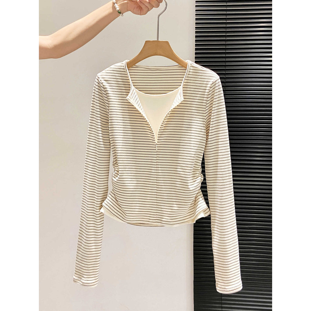 Slim Fit Pleated Mock Two-Piece Long Sleeve T-Shirt