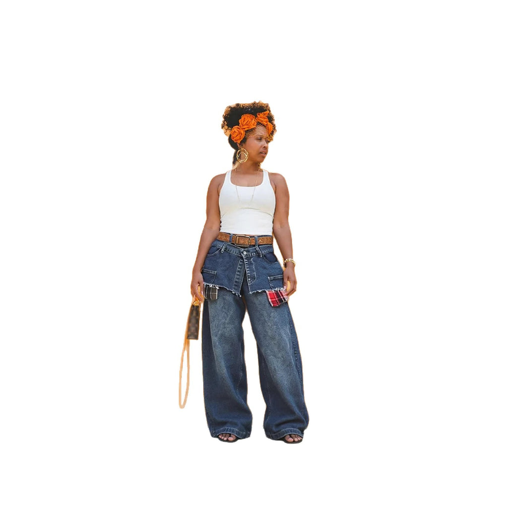 Fake Two-Piece Layered Plaid Patchwork Raw Edge Jeans