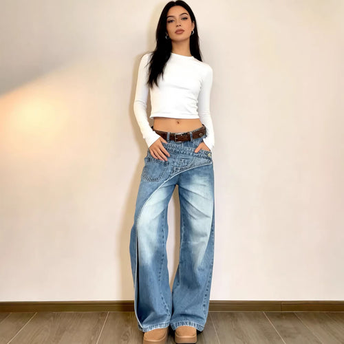 Casual Women's Denim Pants Fashion Washed Asymmetrical Design Straight Leg Jeans