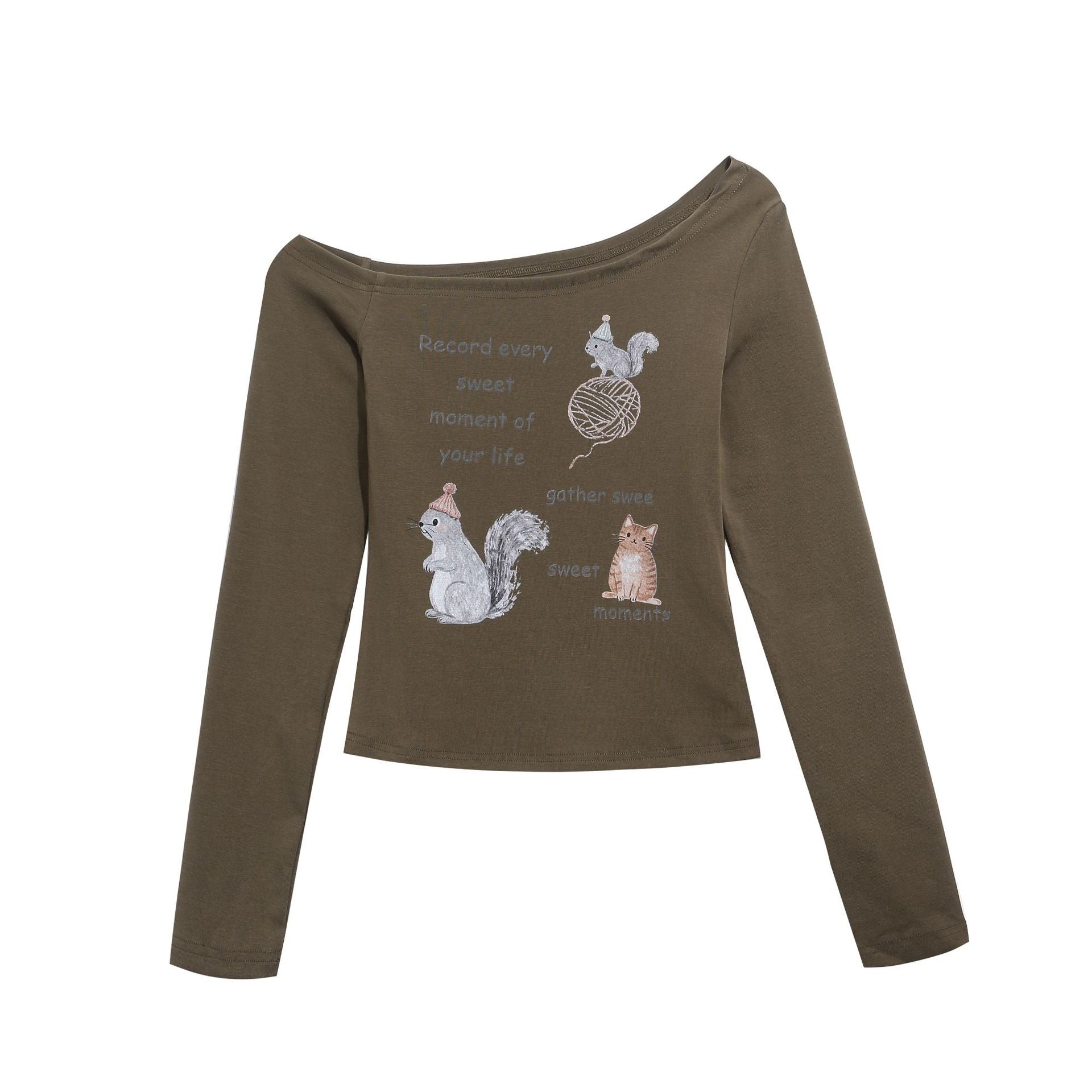 T-shirt imprimé cartoon épaule dénudée slim femme