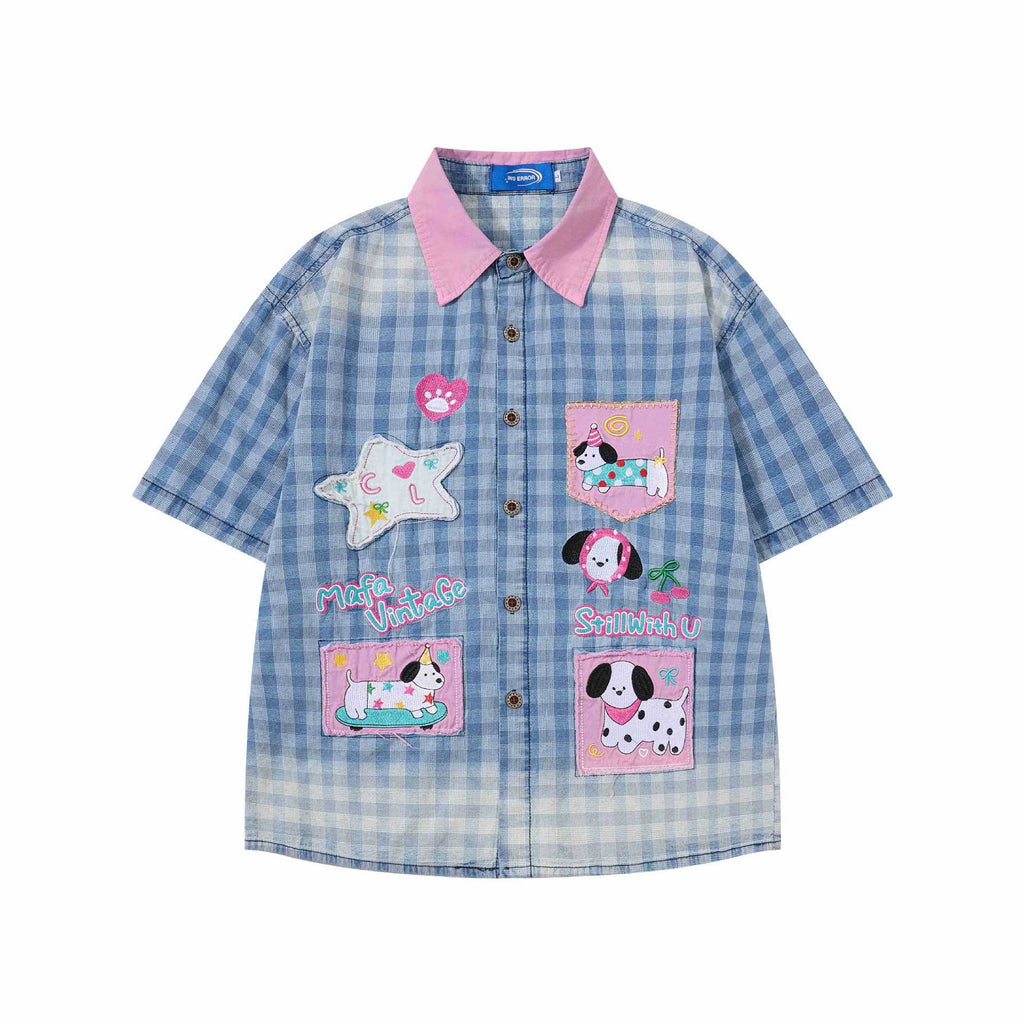 Sticky dog embroidery short sleeved shirt