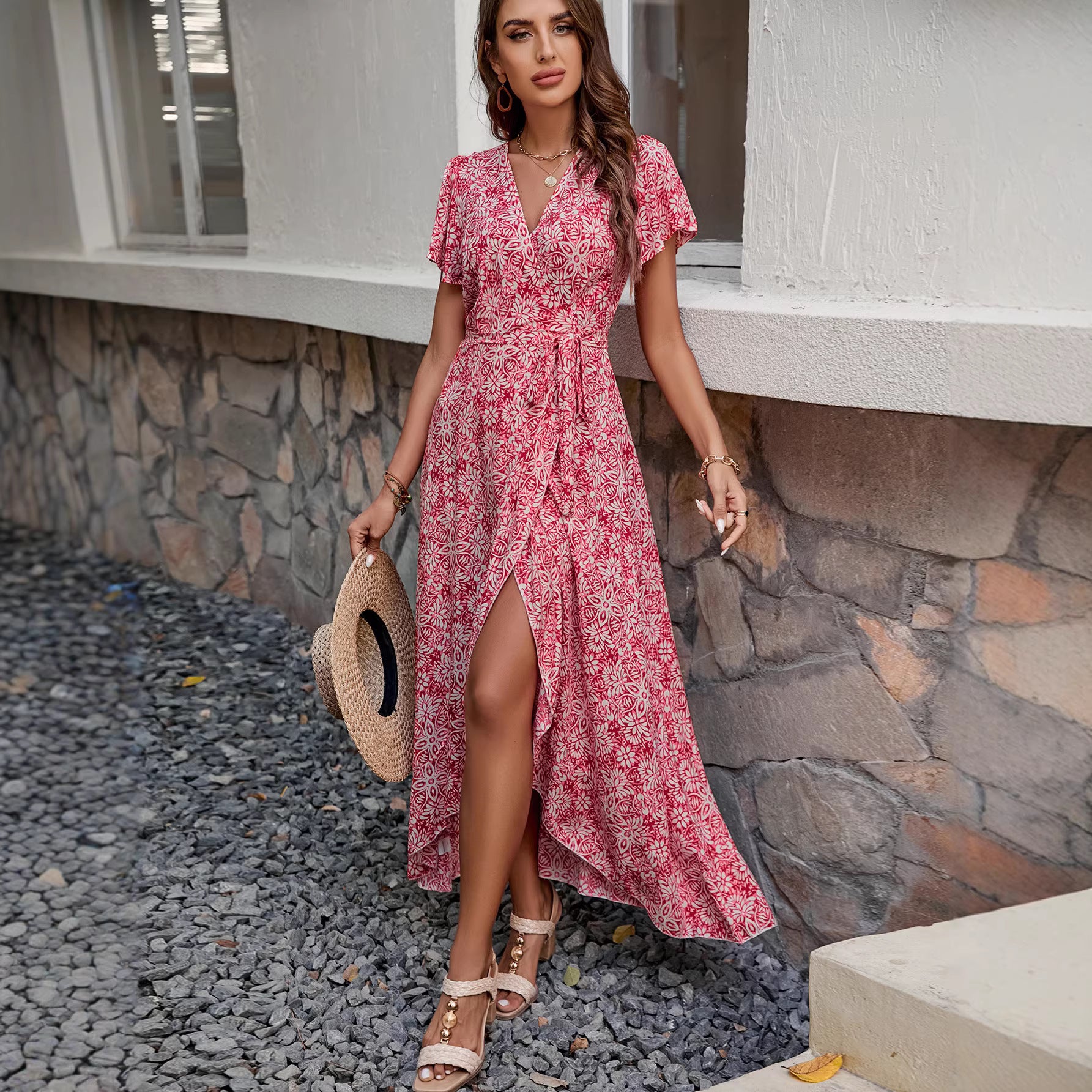 V-neck short sleeved irregular floral dress