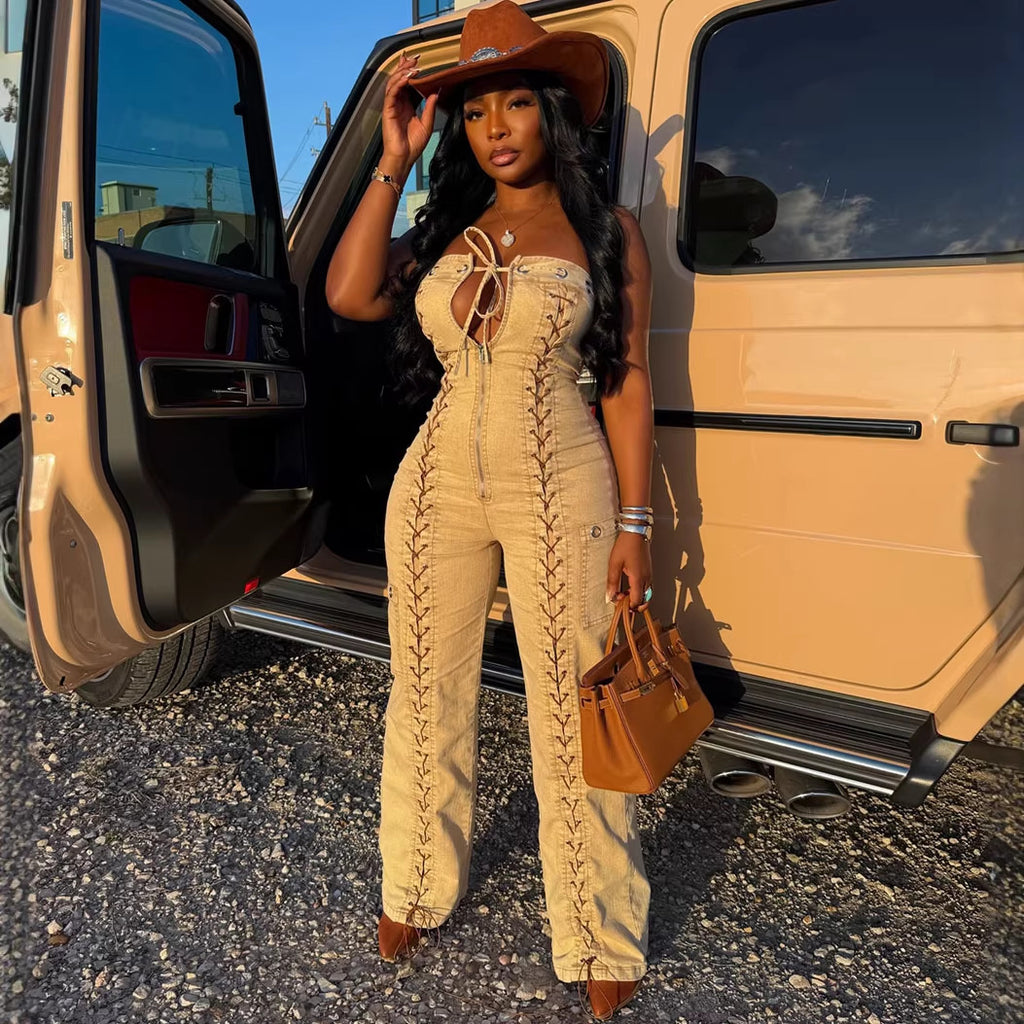 Fashion Women's Strapless Jumpsuit Sexy Side Tie Distressed Denim One-Piece Pants