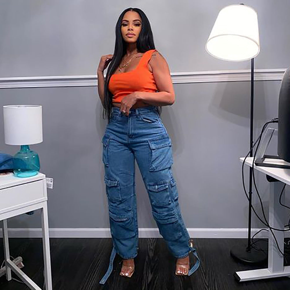 Style Women's Jeans Fashion Trendy Multi-Pocket Cargo Pants Plus Size African Jeans