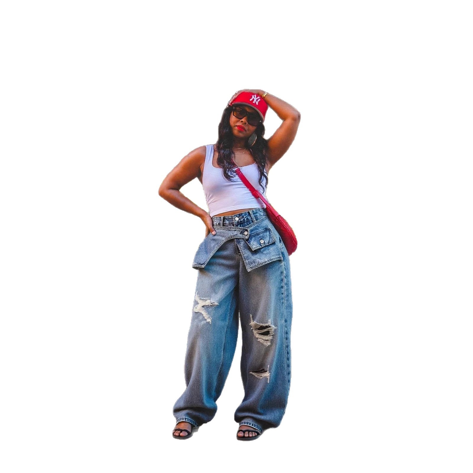 Jean droit superposé déchiré taille originale femme
