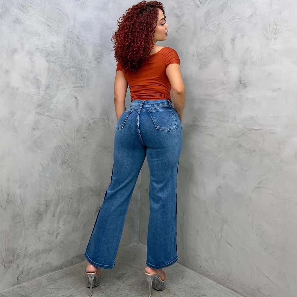 Women's Flared Jeans, Street Fashion Side Button Washed High Waist Casual Pants