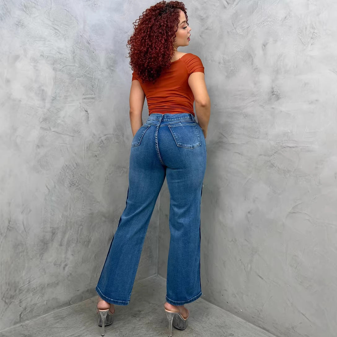 Women's Flared Jeans, Street Fashion Side Button Washed High Waist Casual Pants