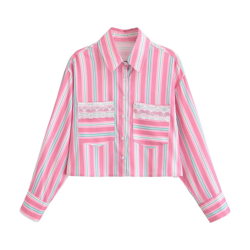 Chemise rose courte rayée détail dentelle femme