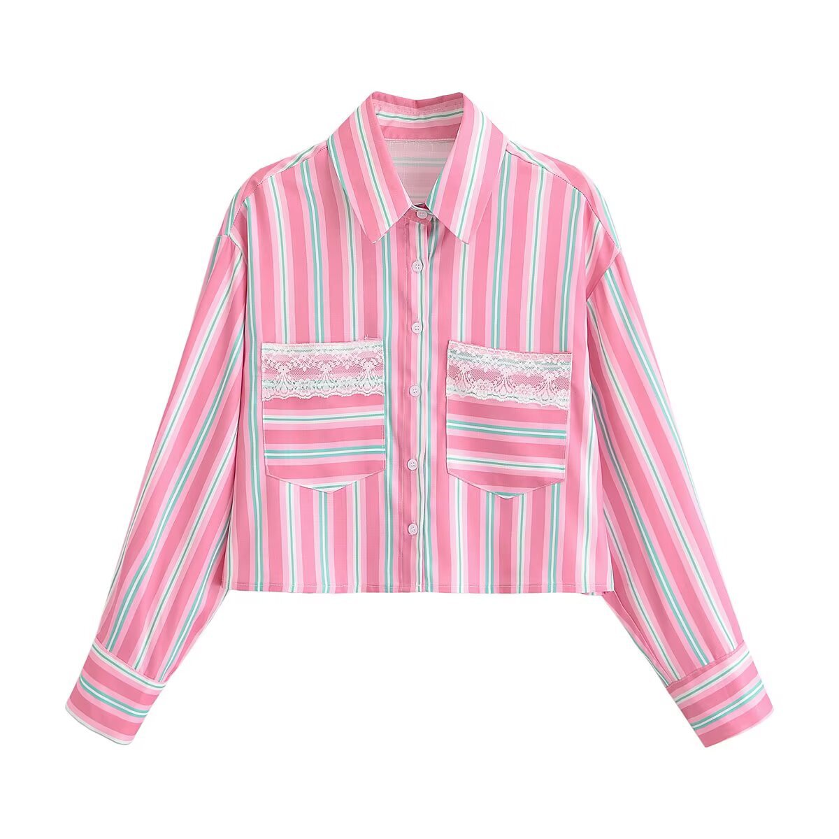 Chemise rose courte rayée détail dentelle femme