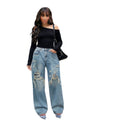 Layered Patchwork Ripped Washed Straight Leg Jeans