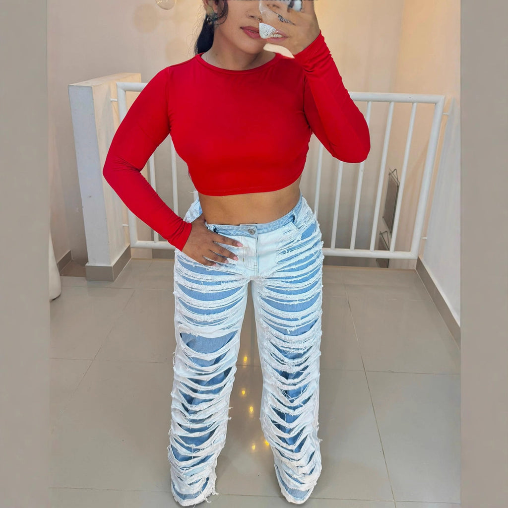 Straight Leg Jeans Women Fashion Double-Layer Washed Distressed Casual Pants