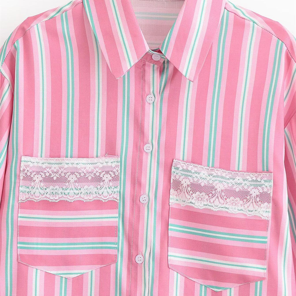 Chemise rose courte rayée détail dentelle femme