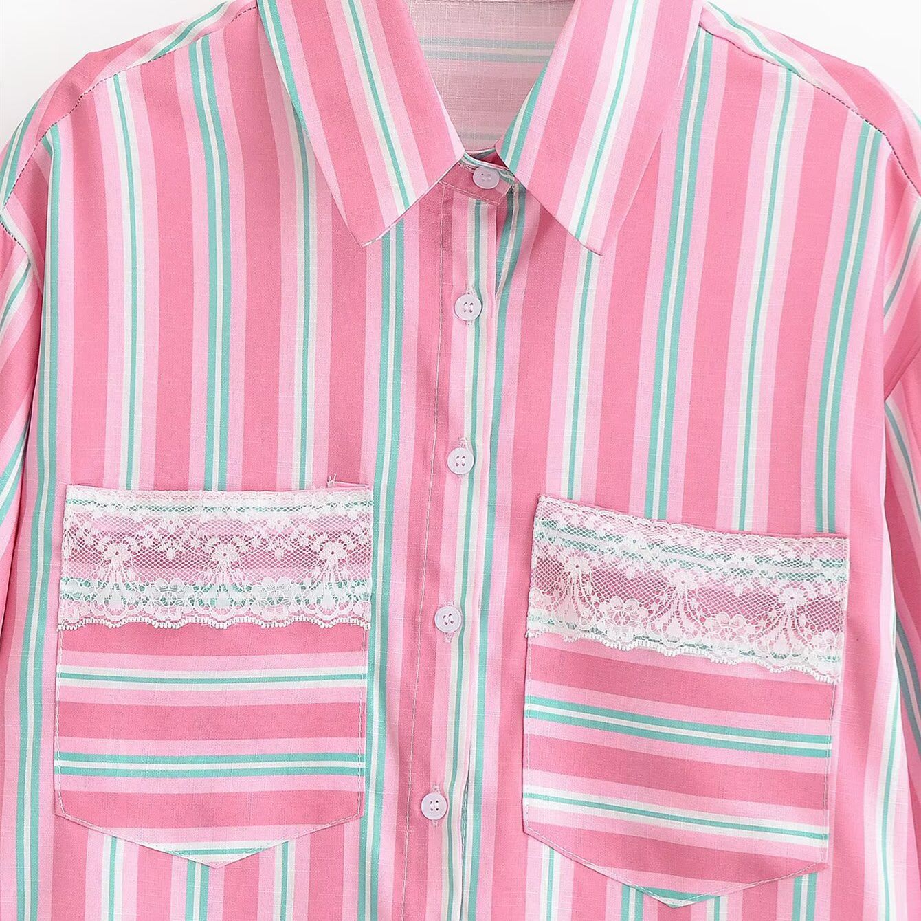 Chemise rose courte rayée détail dentelle femme