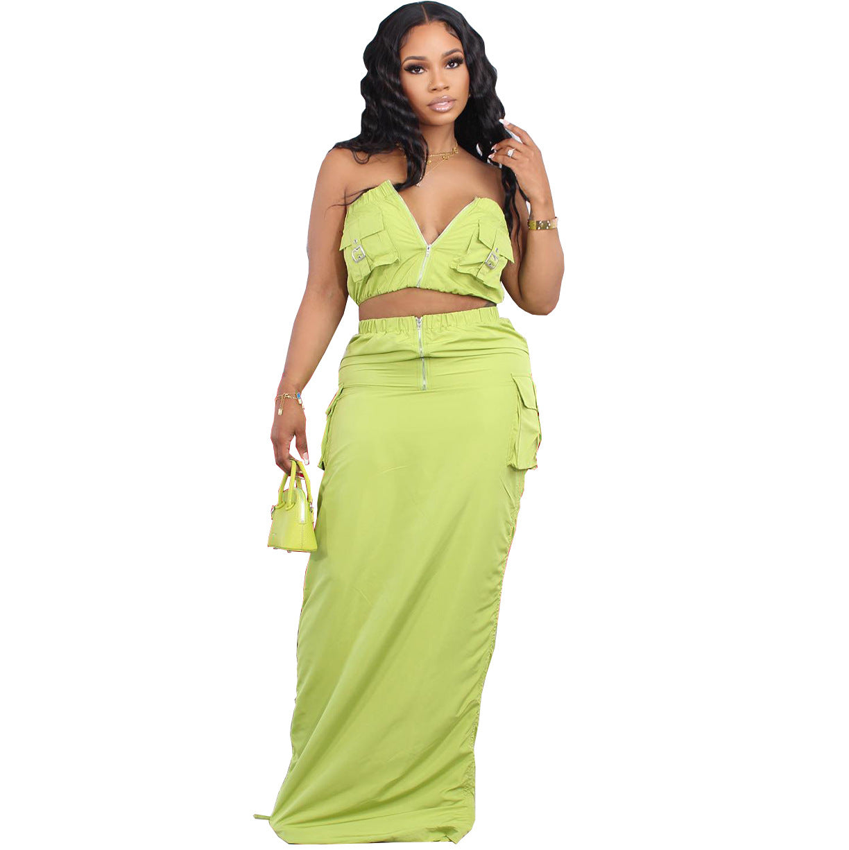 Ensemble deux pièces crop top et jupe longue fluide femme