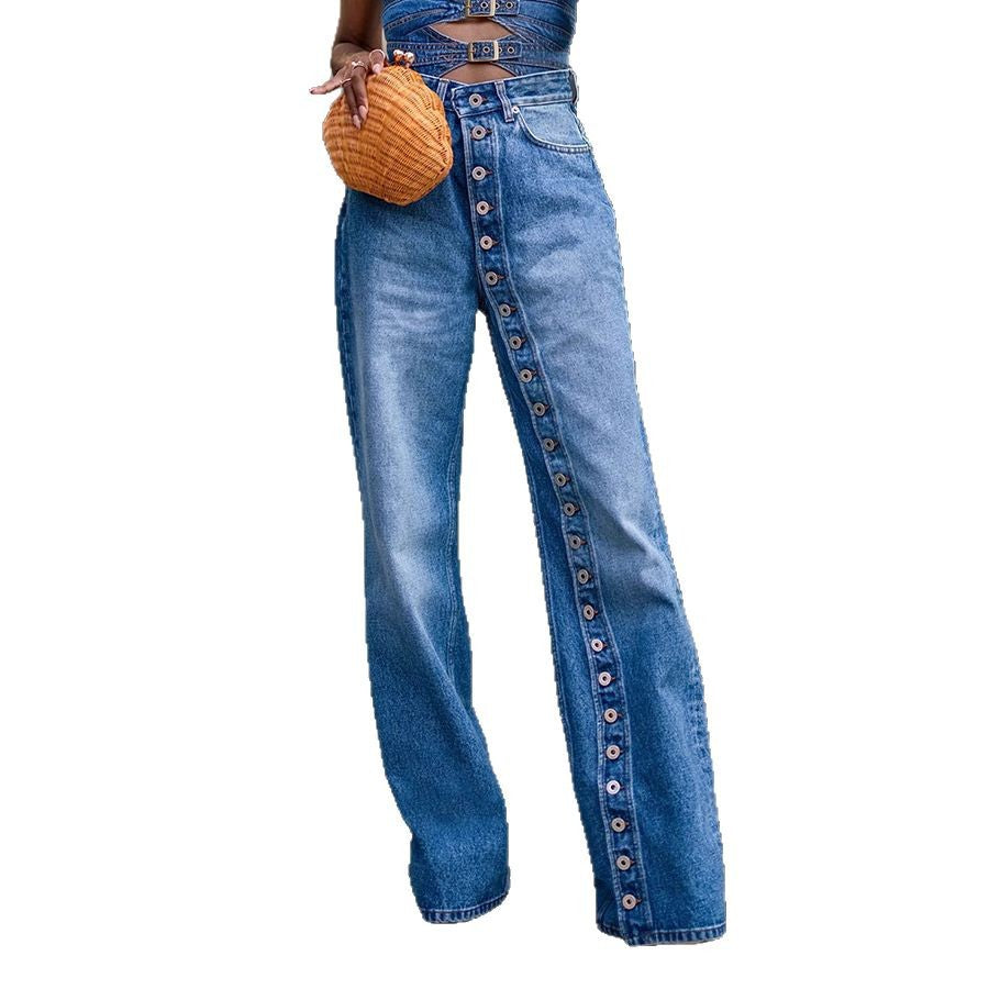High Waist Heavy Wash Multi-Button Denim Pants