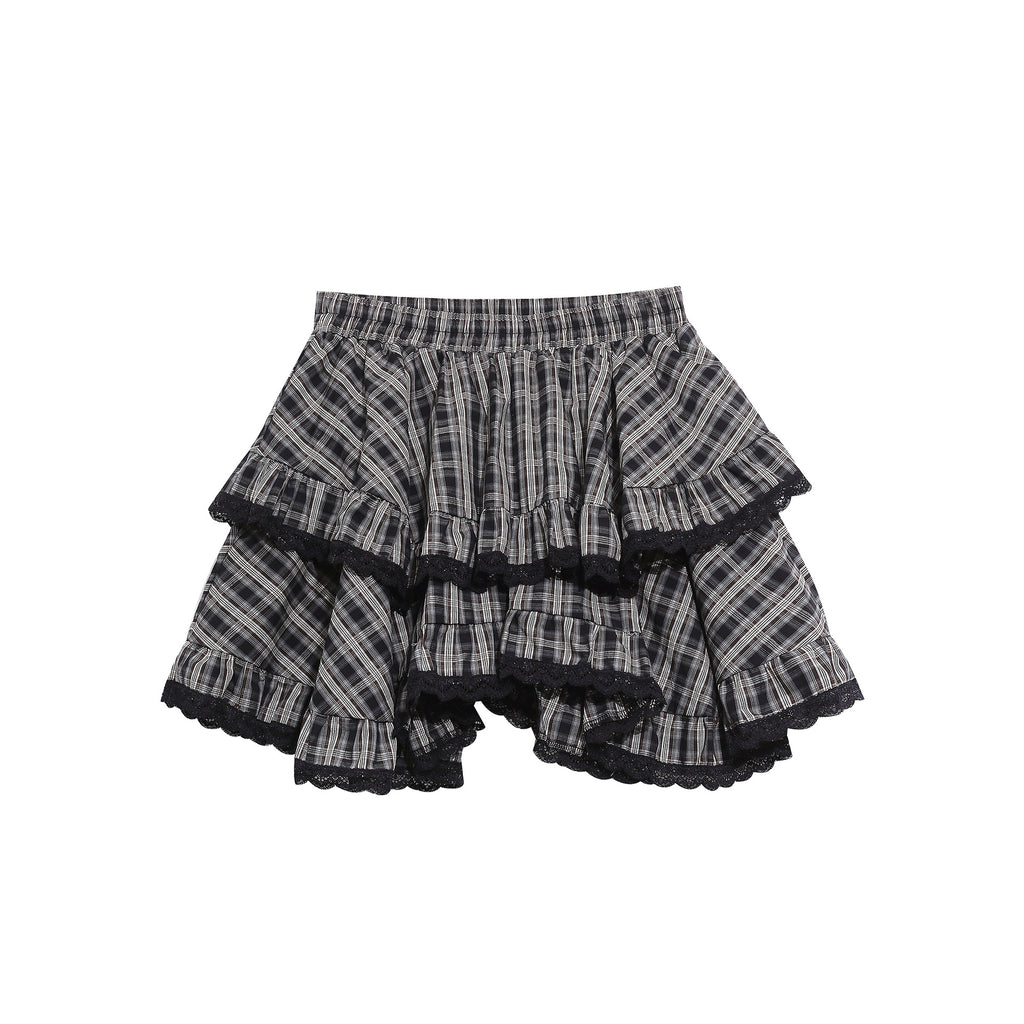 Heavy Black Lace Patchwork Plaid Skirt, Layered Ruffle Versatile Mini Skirt