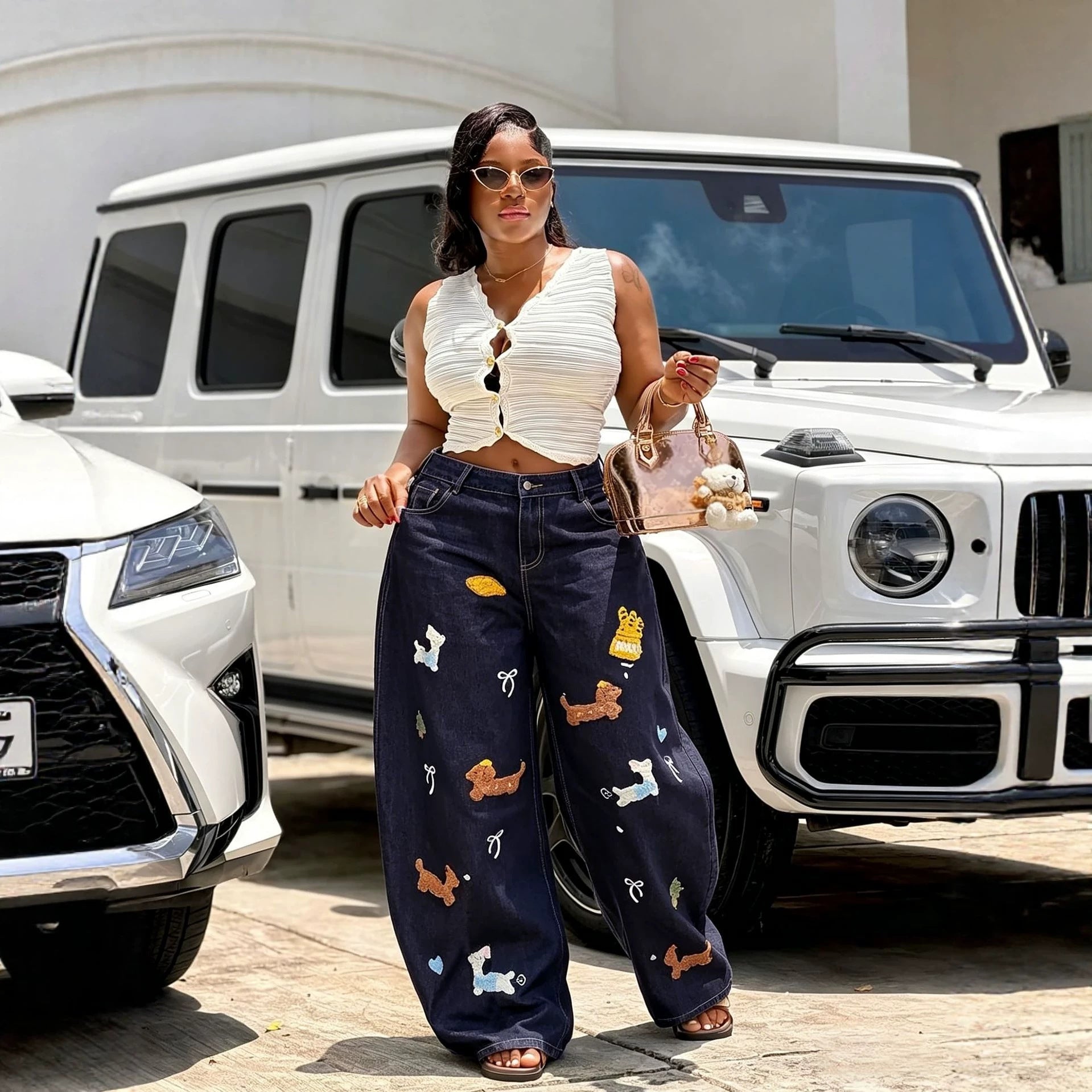 Street Style Cartoon Embroidery Knife Cut Denim Pants