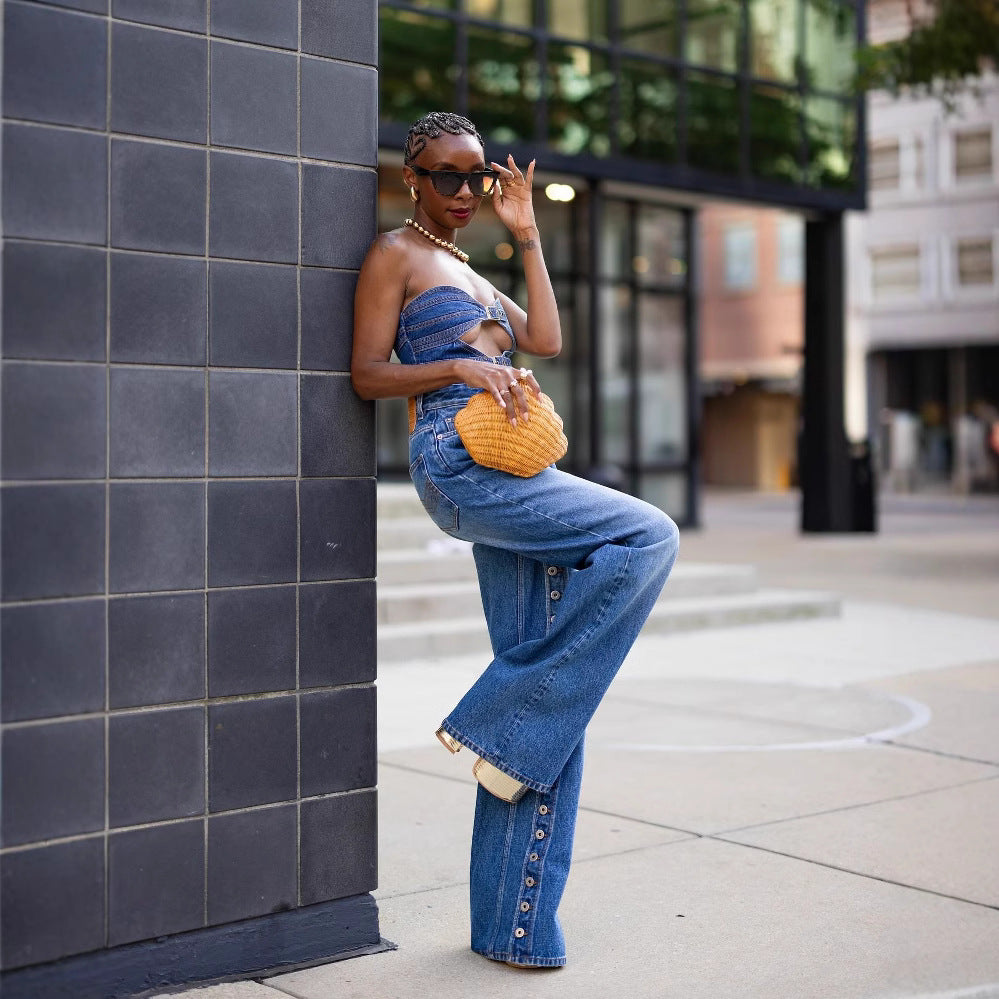 High Waist Heavy Wash Multi-Button Denim Pants