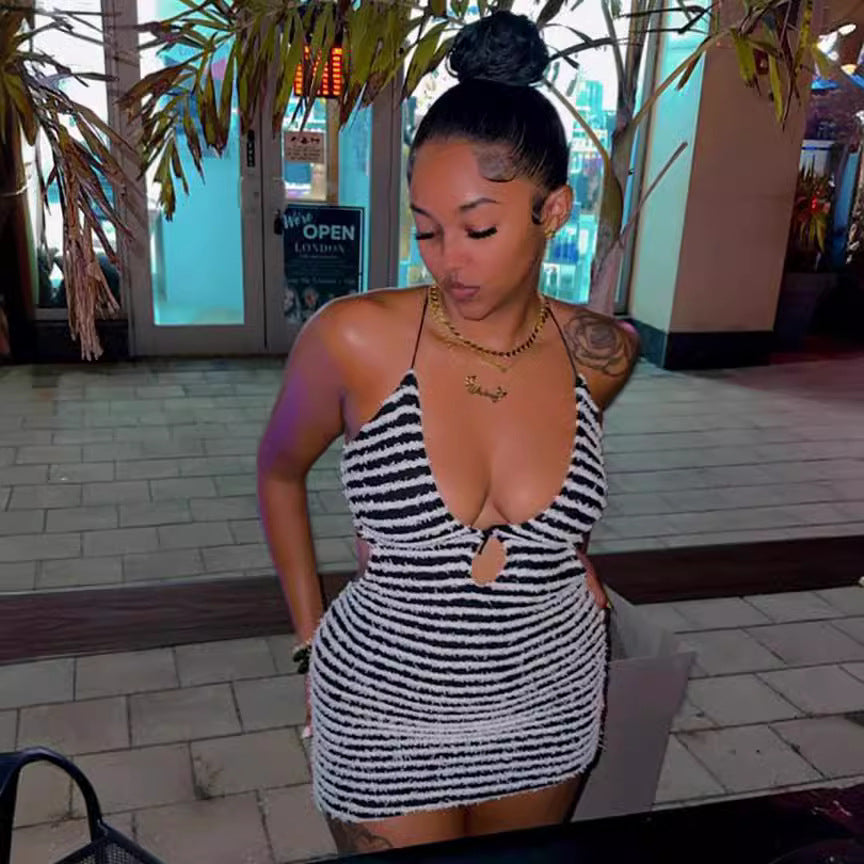 Fashion Sexy Stripe Wrap Mini Dress for Women Summer Casual Style