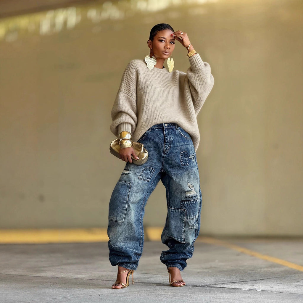 Ripped Patchwork Washed Denim Pants Men Fashion Streetwear Casual Style Straight Leg Jeans