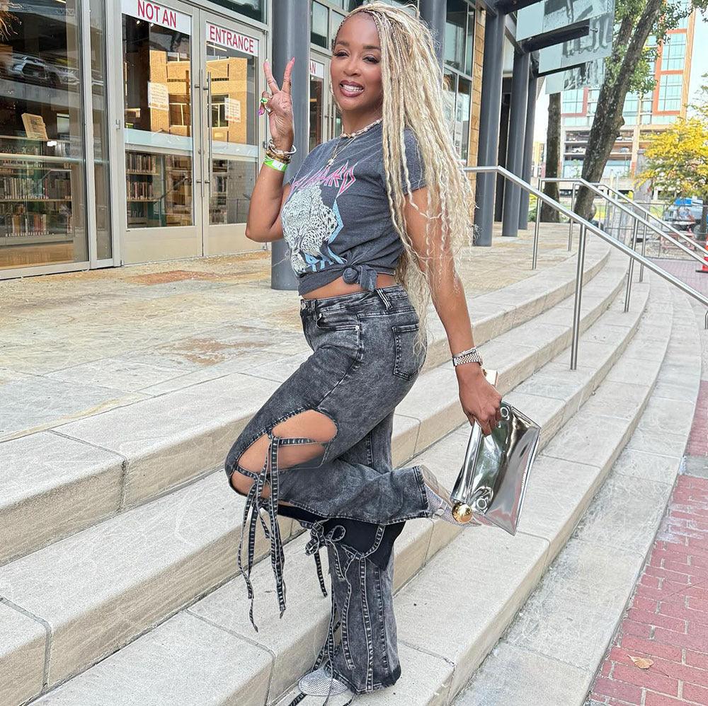 Jean western taille haute fente et lien femme